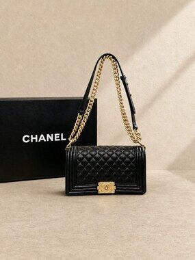 Chanel Gold Chain Black Quilted Lambskin Boy Medium Shoulder Bag